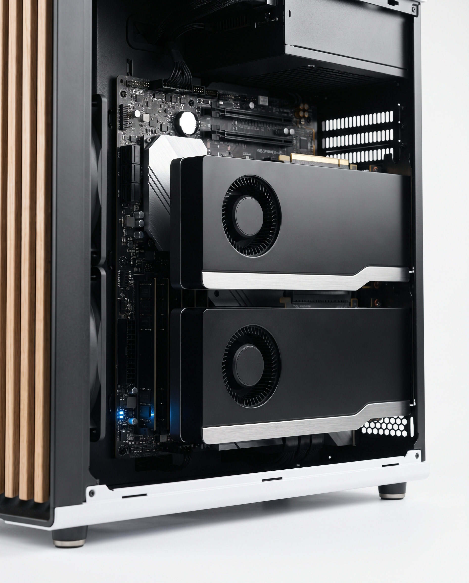 Dual professional blower GPUs inside a compact AI workstation